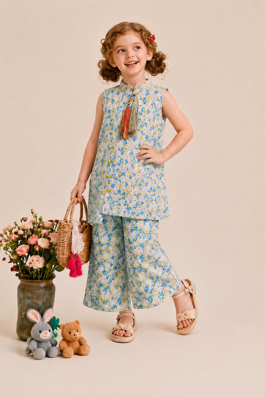 Blue floral girls’ co-Ord set with sleeveless tassel top and matching wide-leg pants.
