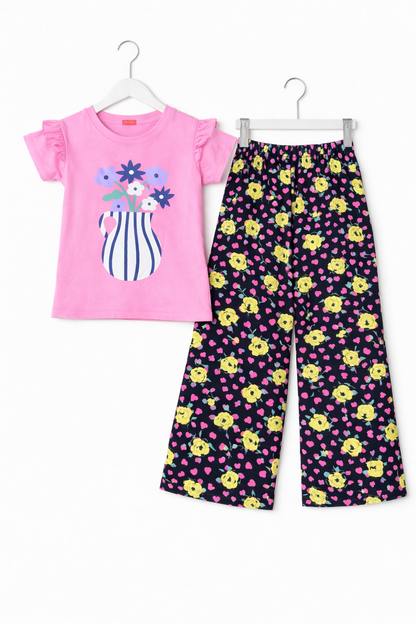 Blue Purple Flowers with Vase Printed Pink T-shirt Trousers 510