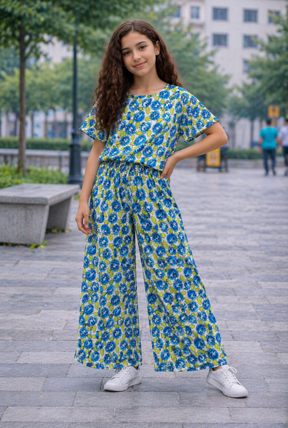 Girls blue rose floral cotton co-ord set Pakistan kids outfit