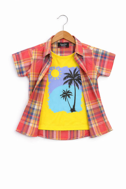 Blue & Yellow  Checked SunSet  Printed Red Layered Casual Shirt 501