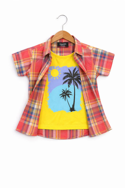 Blue & Yellow  Checked SunSet  Printed Red Layered Casual Shirt 501