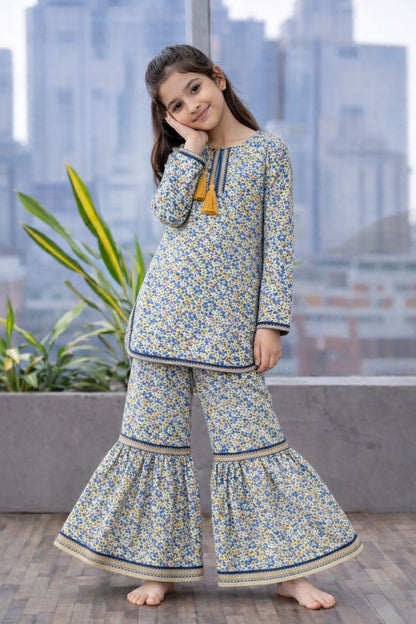 Girls blue yellow cotton floral kurti gharara set with tassels, Pakistani outfit