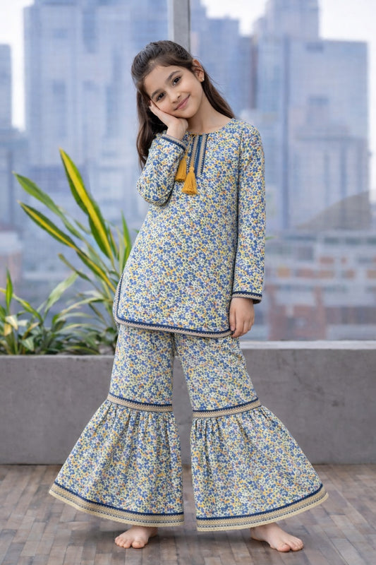 Girls blue yellow cotton floral kurti gharara set with tassels, Pakistani outfit