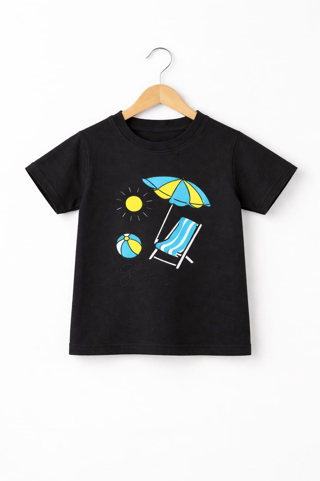 Blue & Yellow Sunny Beach Day  Printed Black Boys T-Shirt 515