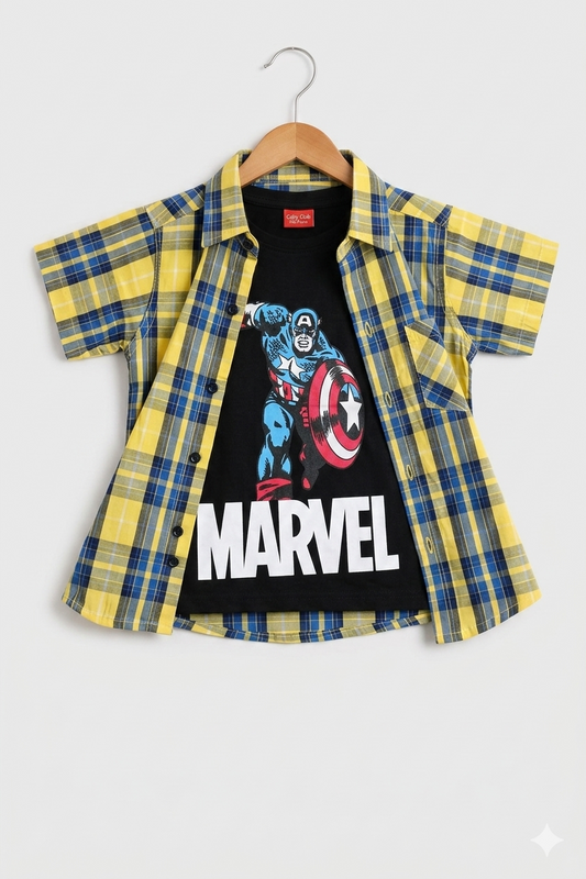 Blue or Yellow  Checked [Marvel  Printed Layered Casual Shirt 256