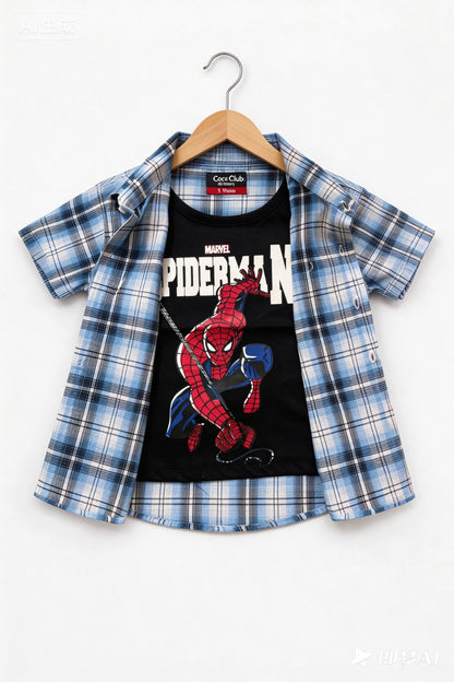 Blur Check Spiderman Printed Layered Casual Shirt Boys 219