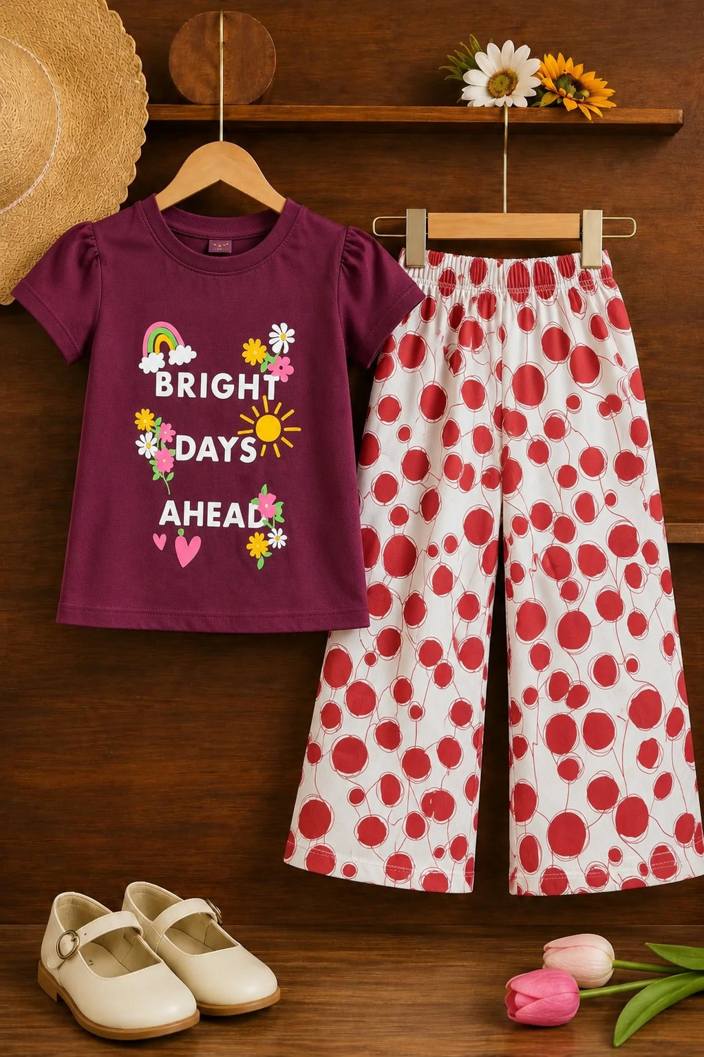 [Bright Day Ahead] Printed Plum Purple T-shirt & Cotton Flapper 601