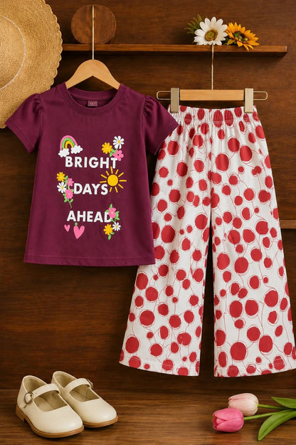 [Bright Day Ahead] Printed Plum Purple T-shirt & Cotton Flapper 601