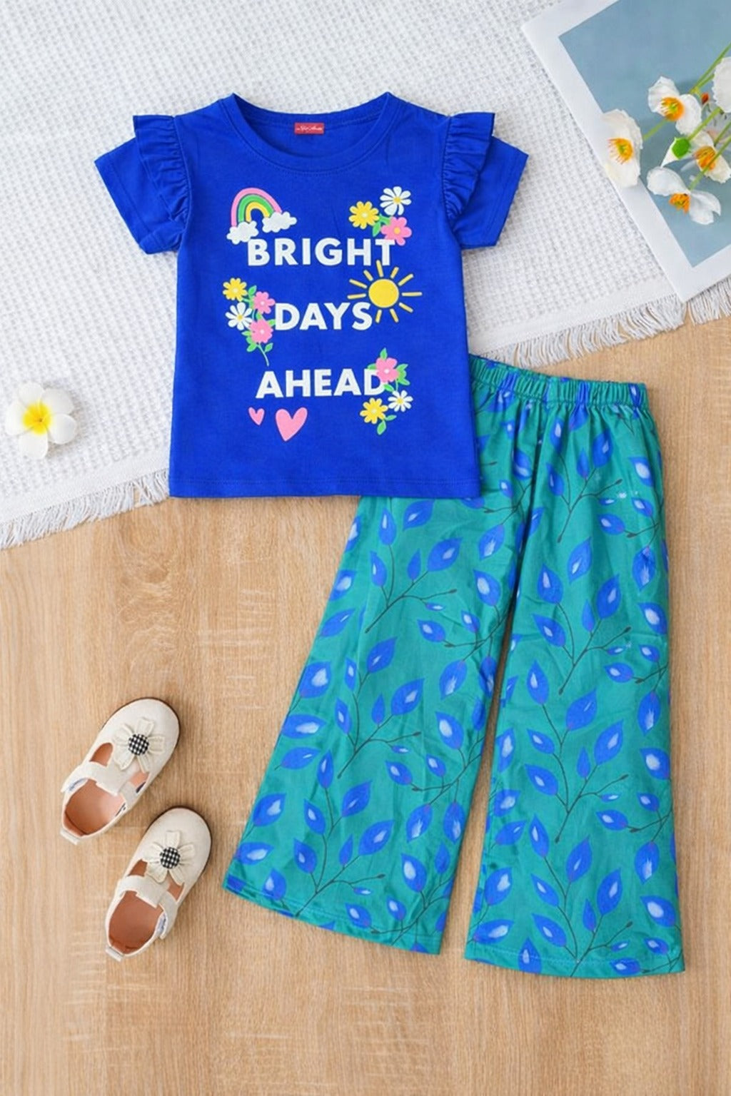 Girls blue graphic cotton t-shirt with green printed pants kids outfit Pakistan