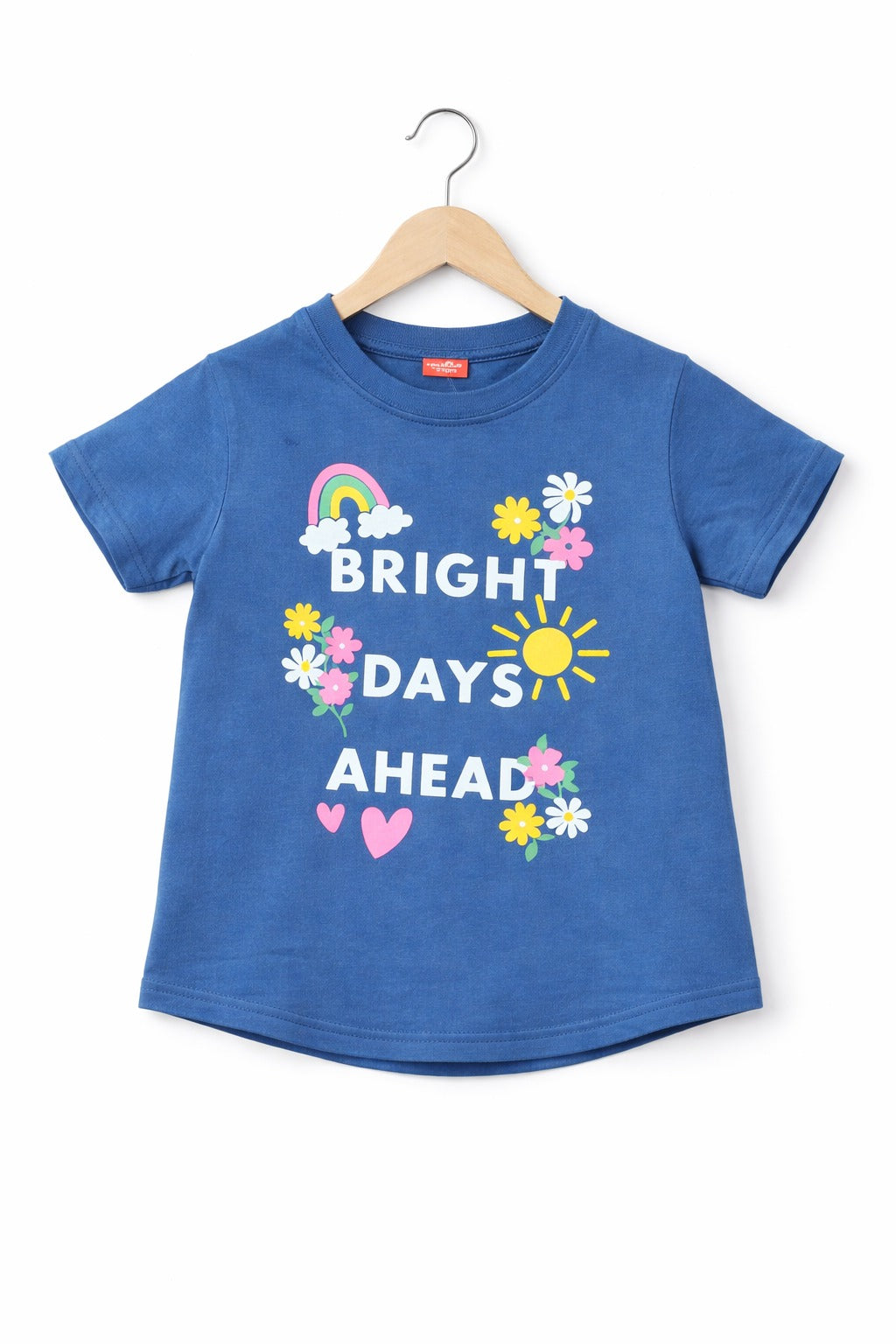 Girls navy blue cotton t-shirt with rainbow, flower and “Bright Days Ahead” graphic print, Pakistan casual summer Kidswear 