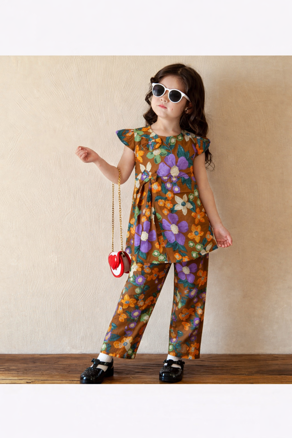 Brown floral girls co-ord set with ruffle sleeve tunic top and matching pants,Pakistan
