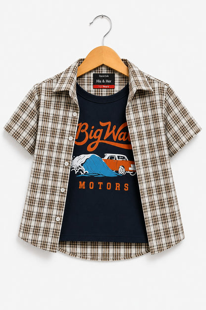 Brown Checked [ Big Waves ] Printed  Layered Casual Shirt 255