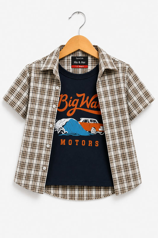 Brown Checked [ Big Waves ] Printed  Layered Casual Shirt 255
