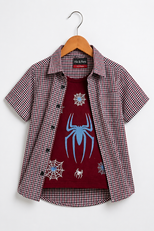Brown checked layered shirt set for boys with spider graphic tee.
