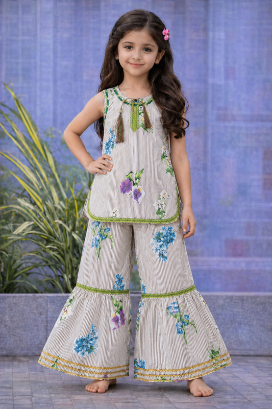 Girls striped floral cotton kurti set with flared gharara pants kids outfit Pakistan.