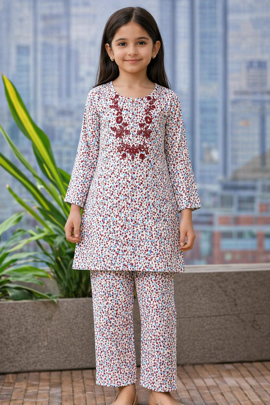 White floral printed cotton 2-piece outfit for girls with embroidered neckline kurti and straight pants, balcony setting Pakistan
