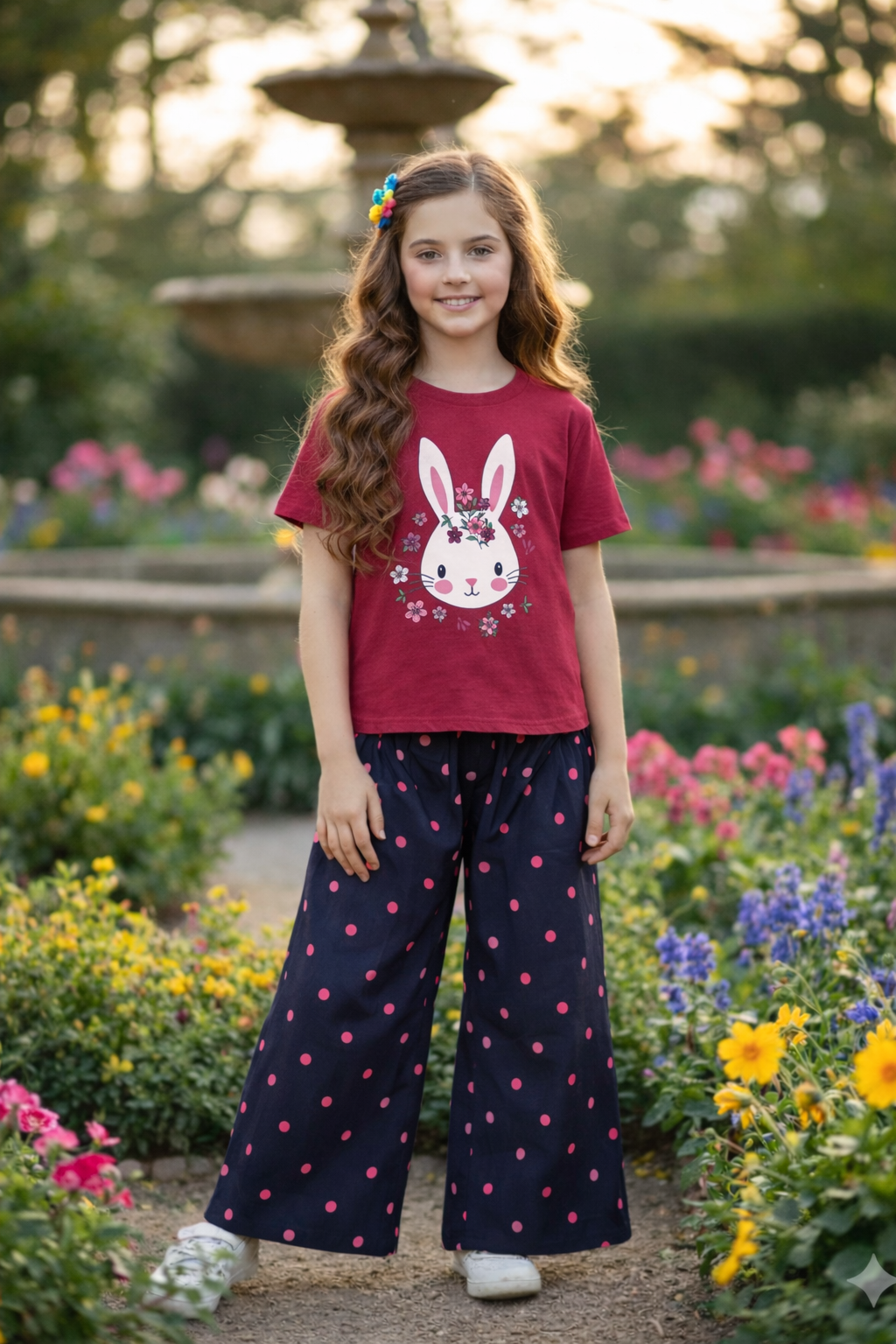 Maroon bunny print girls co-ord set with short sleeve T-shirt and navy pink polka dot wide-leg pants, Pakistan
