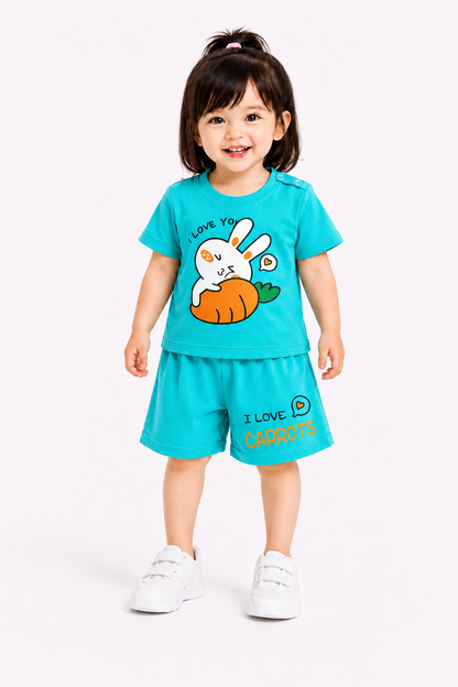 Bunny With Carrot Printed Blue Girls Nicker Suit 713