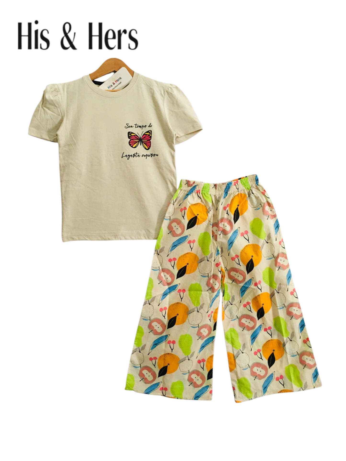 Off-white cotton girls co-ord set with butterfly tee and multicolor printed wide-leg pants, Pakistan
