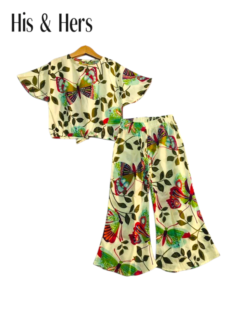 Butterfly Print Offwhite Cotton Girls Co-Ord Set 244