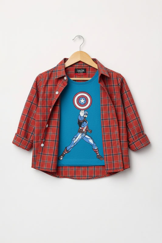 Captain America Printed Layered Casual Shirt- Red Check 300