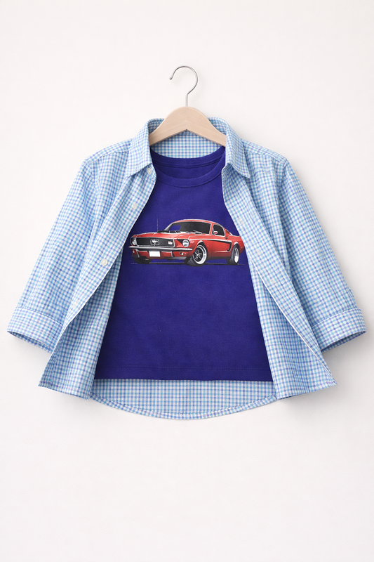 Car Printed Layered Casual Shirt-Light Blue Check 301