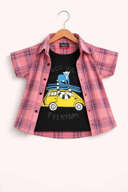 Carrot Checked Navy [Good Vibes Everyday] Printed  Layered Casual Shirt 211