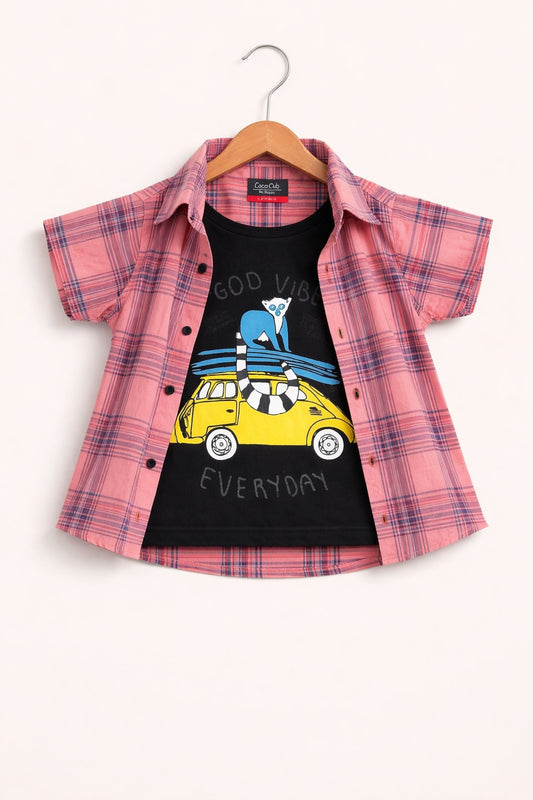 Carrot Checked Navy [Good Vibes Everyday] Printed  Layered Casual Shirt 211