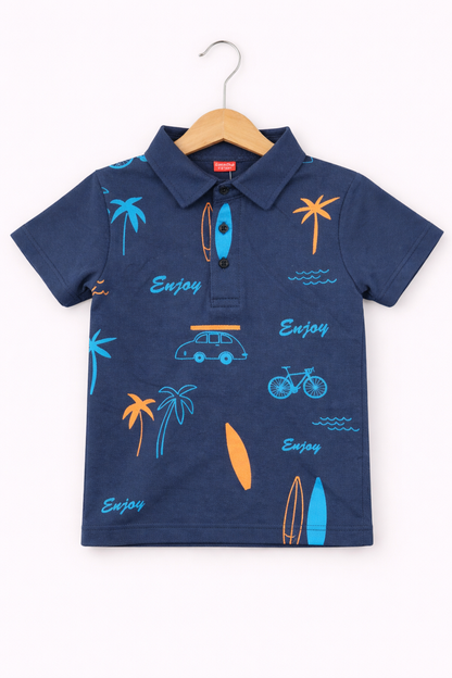 Cars & Tree  Printed  Navy   Polo Shirt Boys 286