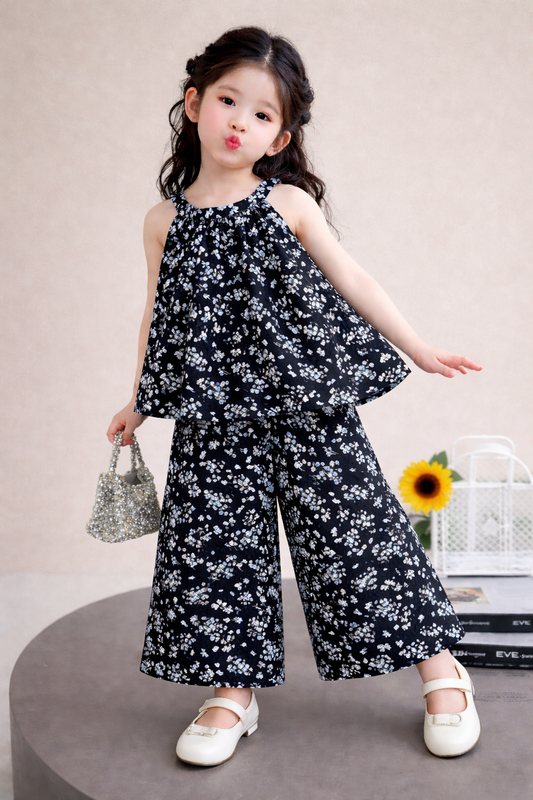 Black Floral Top & Wide-Leg Pants Set