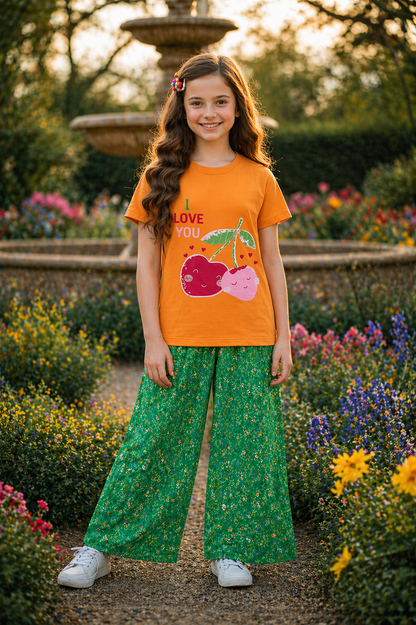 [I Love You  Strawberry ] Printed Orange T-shirt & Cotton Flapper 515