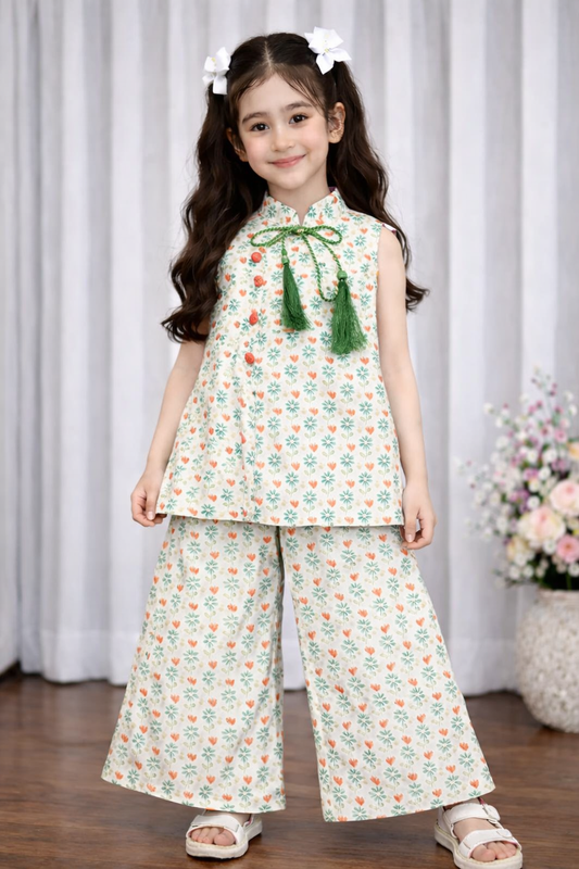 Red Heart Printed with Green  Emerald Tassel Top- Flapper Set