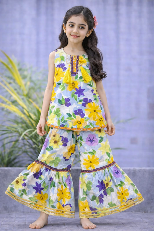 Purple & Light Orange  Flowers Printed   Garara Suit-Cotton
