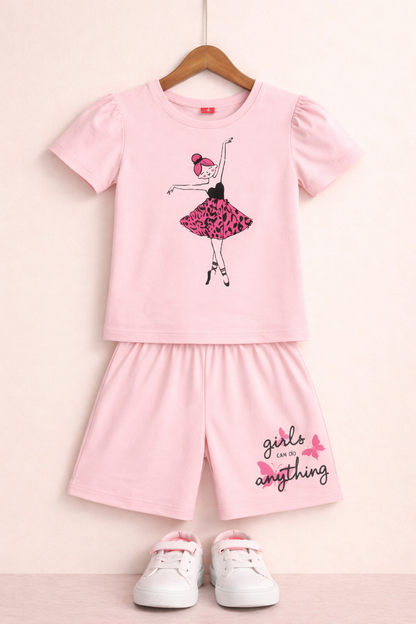 Dark Pink Dancing Girl Printed Light Pink Nicker Suit Girls 272