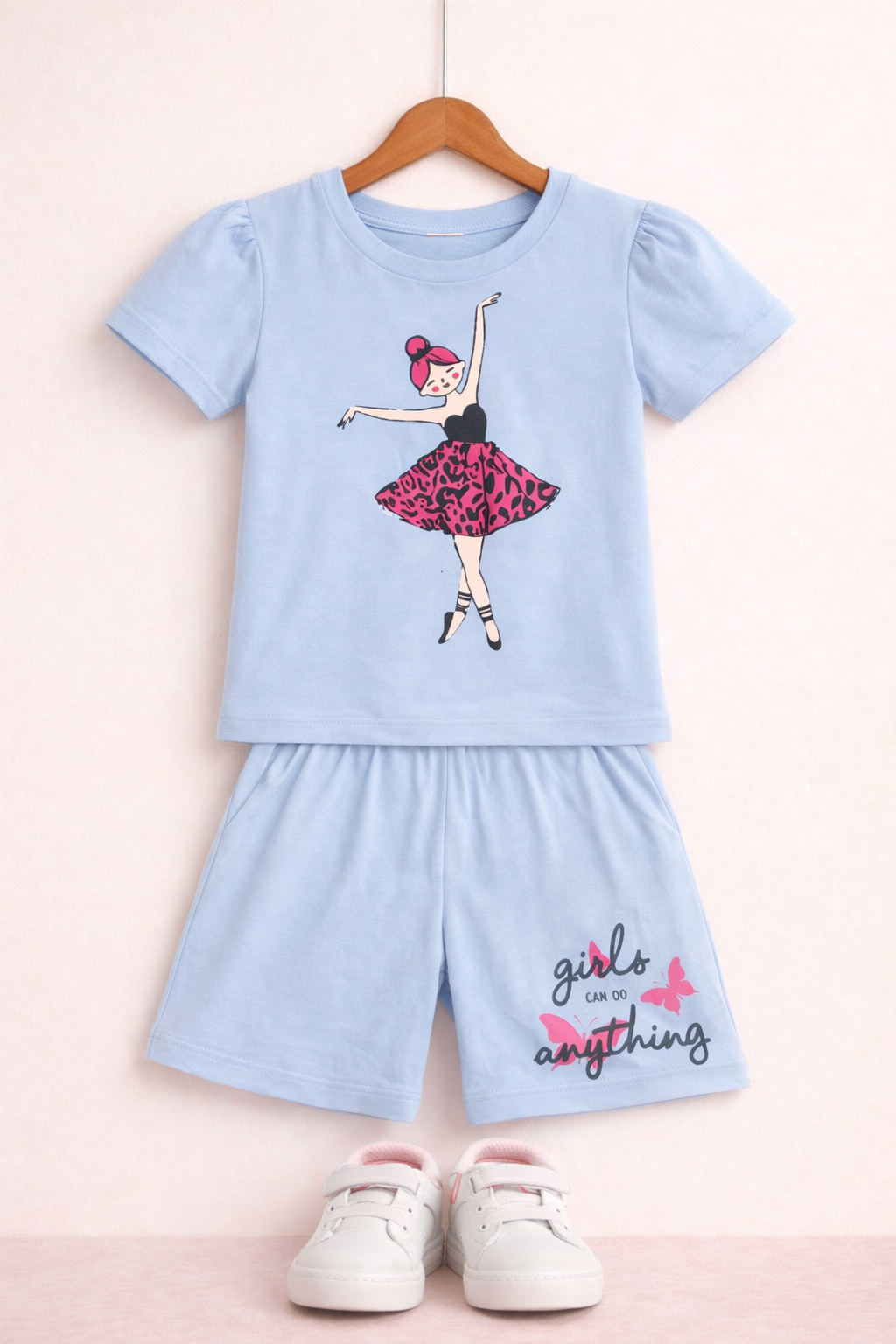 Dark Pink Dancing Girl Printed Light Blue Long  Nicker Suit Girls 245