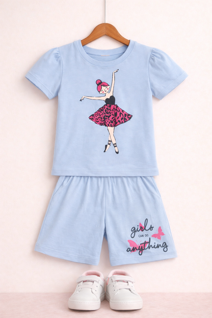 Dark Pink Dancing Girl Printed Light Blue Long  Nicker Suit Girls 245