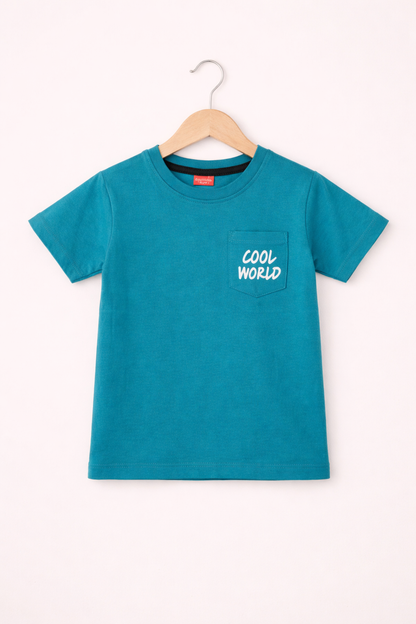 White [Cool World] Printed on Pocket Mid-Blue  Boys T-Shirt