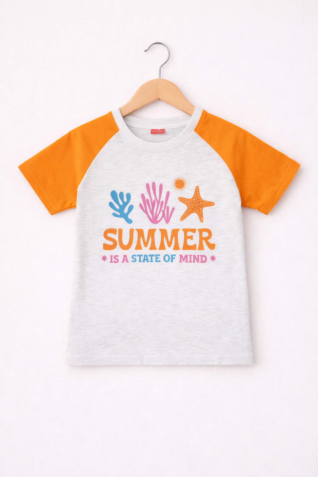 Orange Starfish [Summer is a state of Mind] Printed Light Grey & White Boys T-Shirt