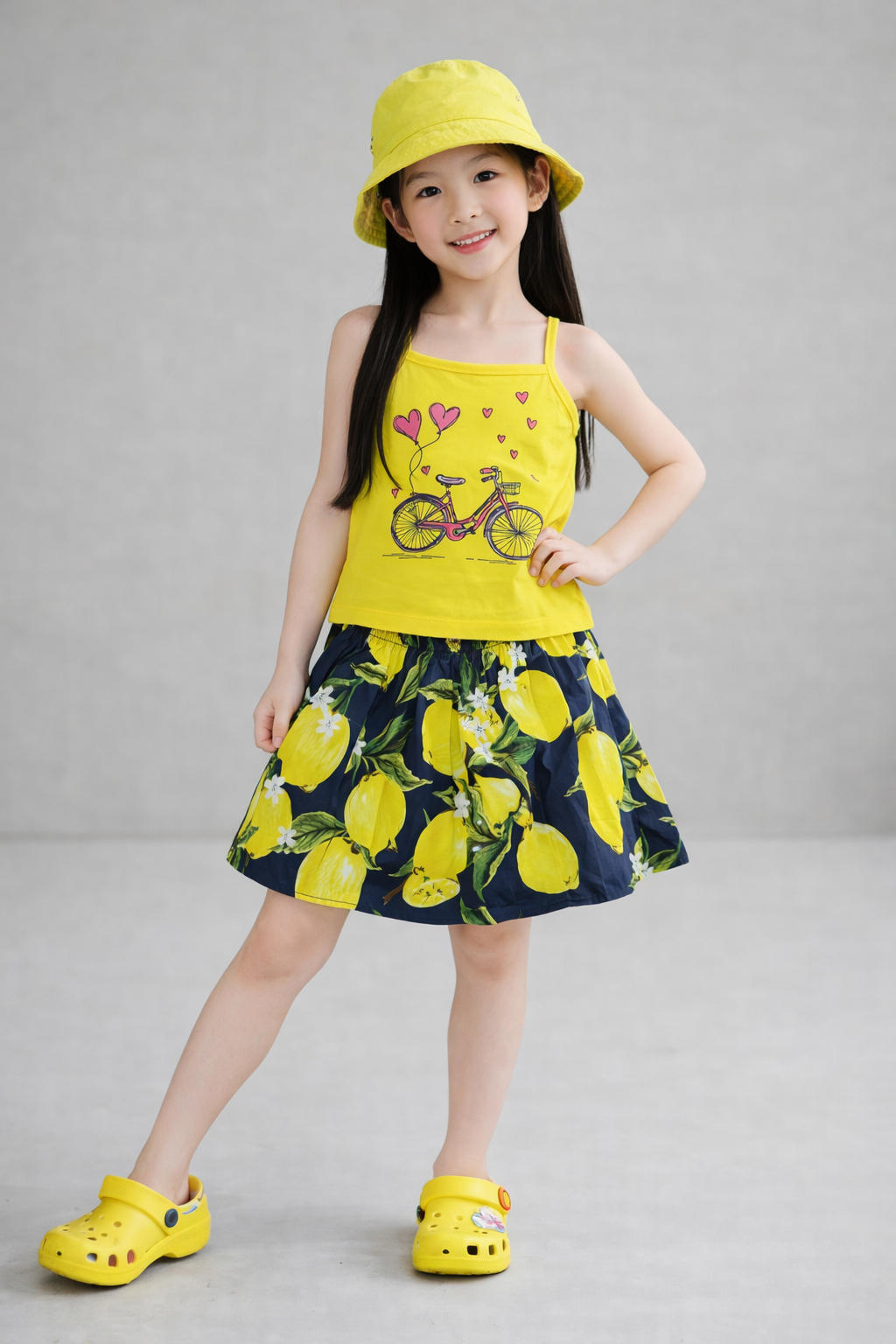 Pink Bike Printed Yellow Girls Top & Skirt 240