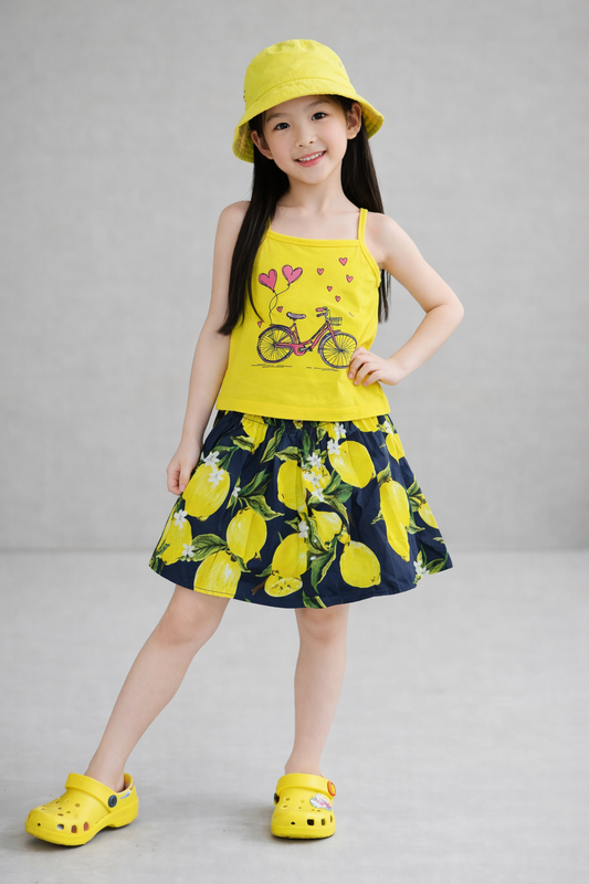 Pink Bike Printed Yellow Girls Top & Skirt 240