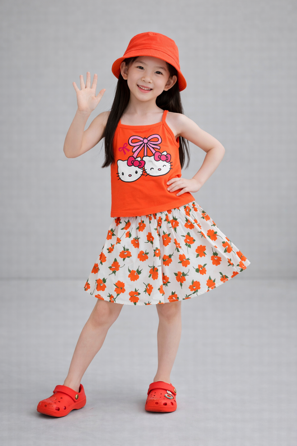 White Cute Twin Cats Orange  Girls Top & Skirt 240