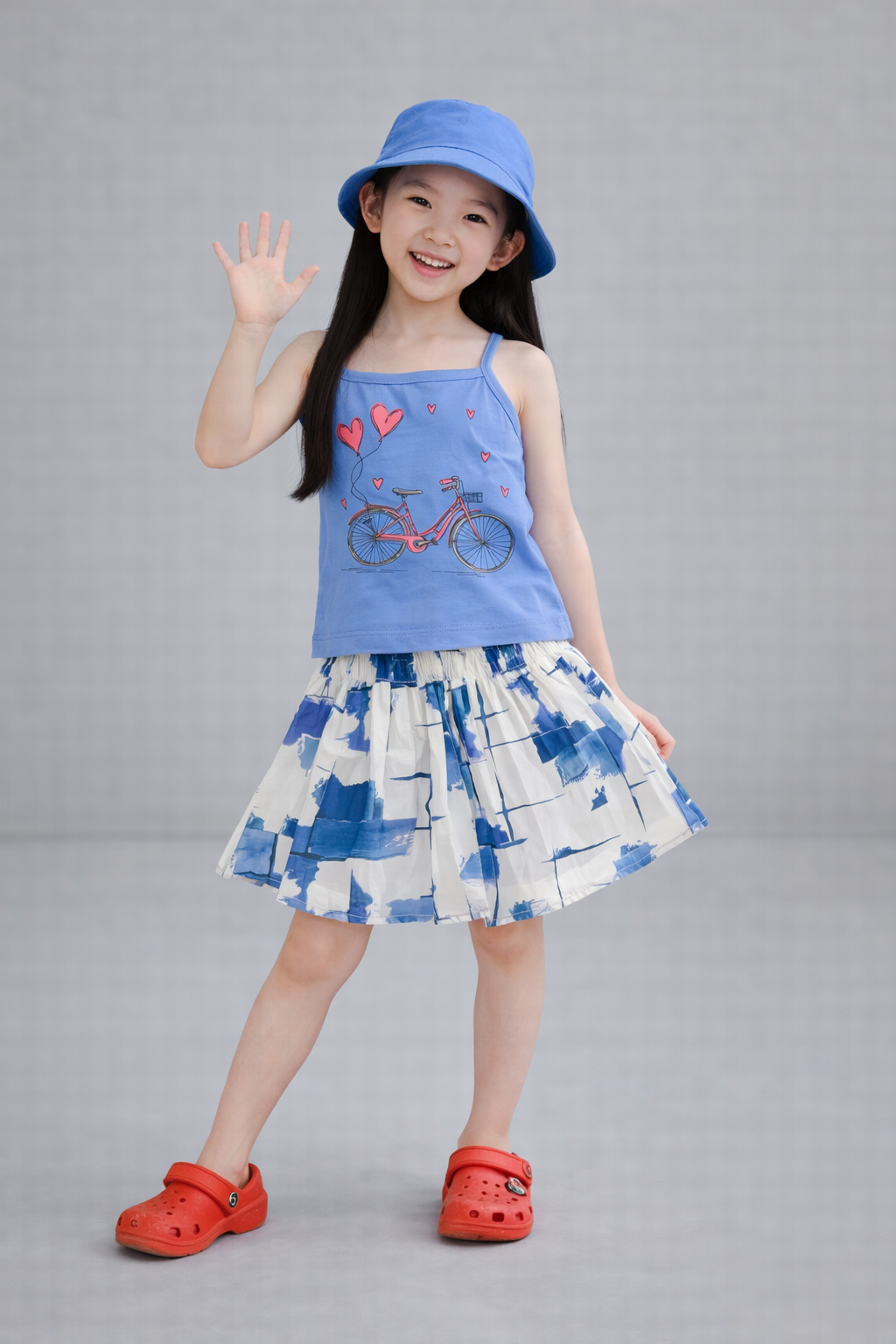 Pink Bike Printed Sky Blue Girls Top & Skirt 240