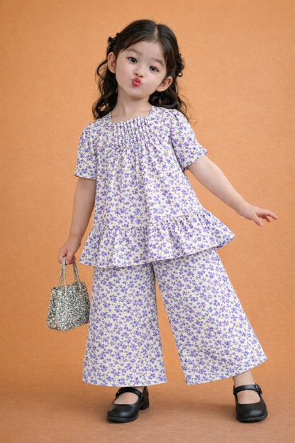 Purple Flowers Printed White Girls Co-Ord set 243
