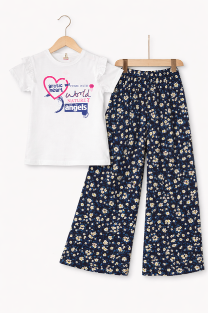 Pink Heart [World Angles] Printed White T shirt &Cotton Flapper