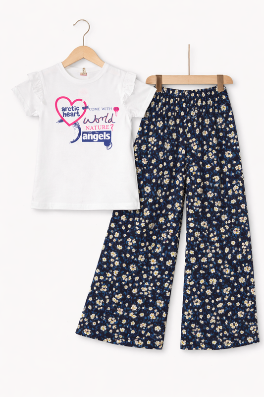 Pink Heart [World Angles] Printed White T shirt &Cotton Flapper