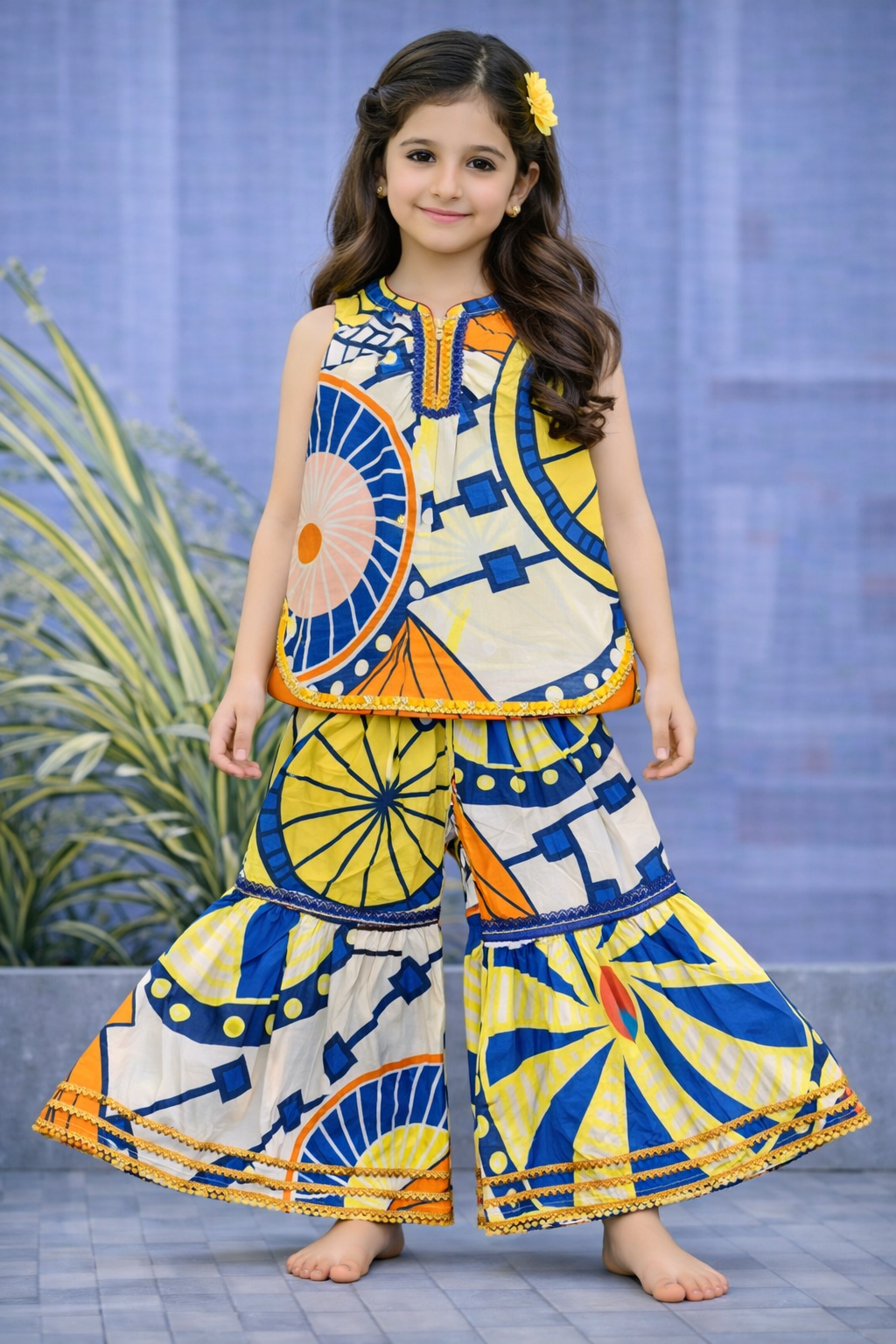 Yellow & Blue Multi Shapes  Printed   Garara Suit-Cotton
