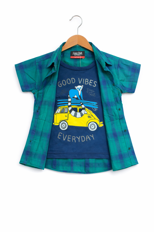 Navy Checked [Good Vibes Everyday] Printed Double Casual Shirt 209