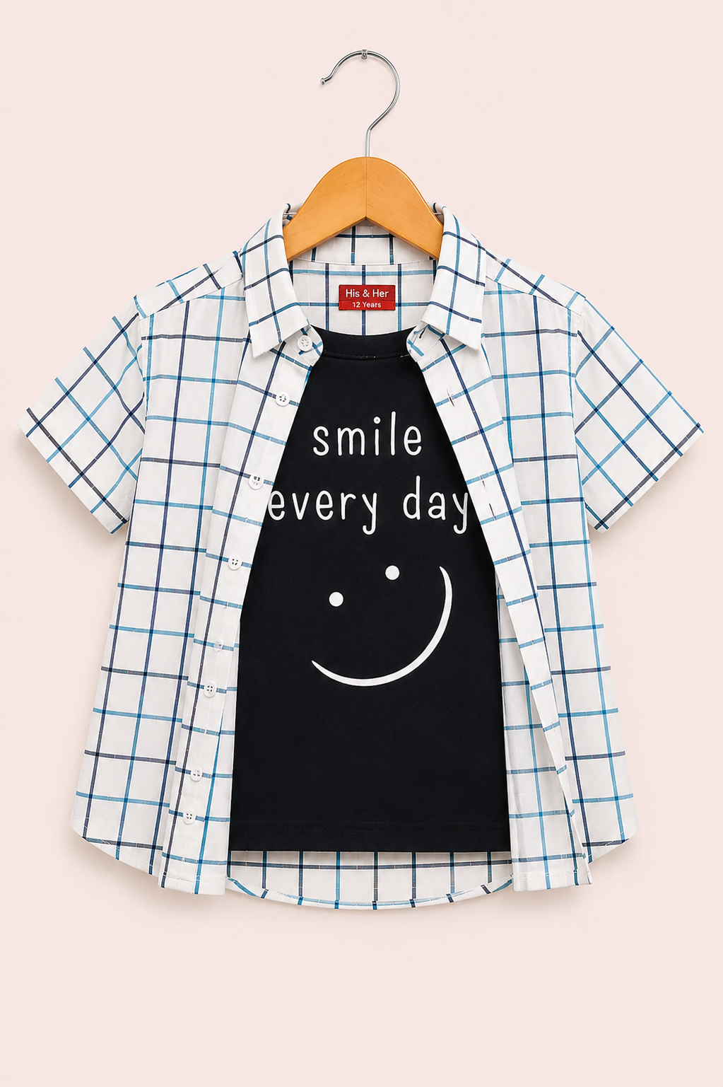 Blue Checked [Smile Every Day] Printed Layered Casual Shirt 604