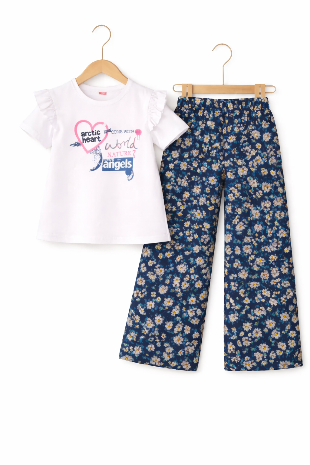 Pink Heart [World Angles] Printed White T shirt &Cotton Flapper 528