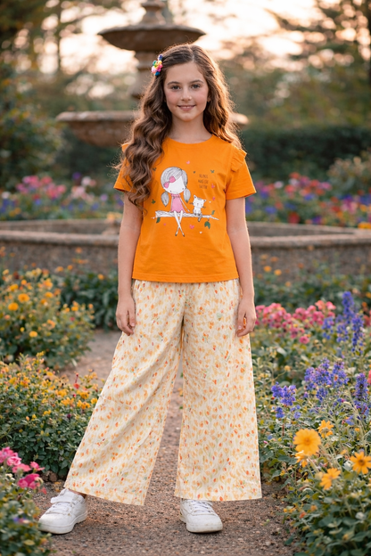 Girl with Cat Printed Orange Girls T-Shirt &Cotton Flapper 275